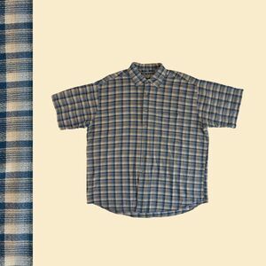 Blue 90s mens XL shirt by Untied, vintage blue plaid mens casual short sleeve